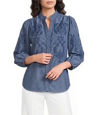 Calessa Woven Stripe Split V-Neck 3/4 Balloon Sleeve Embroidered Button Front Tunic