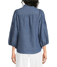 Calessa Woven Stripe Split V-Neck 3/4 Balloon Sleeve Embroidered Button Front Tunic