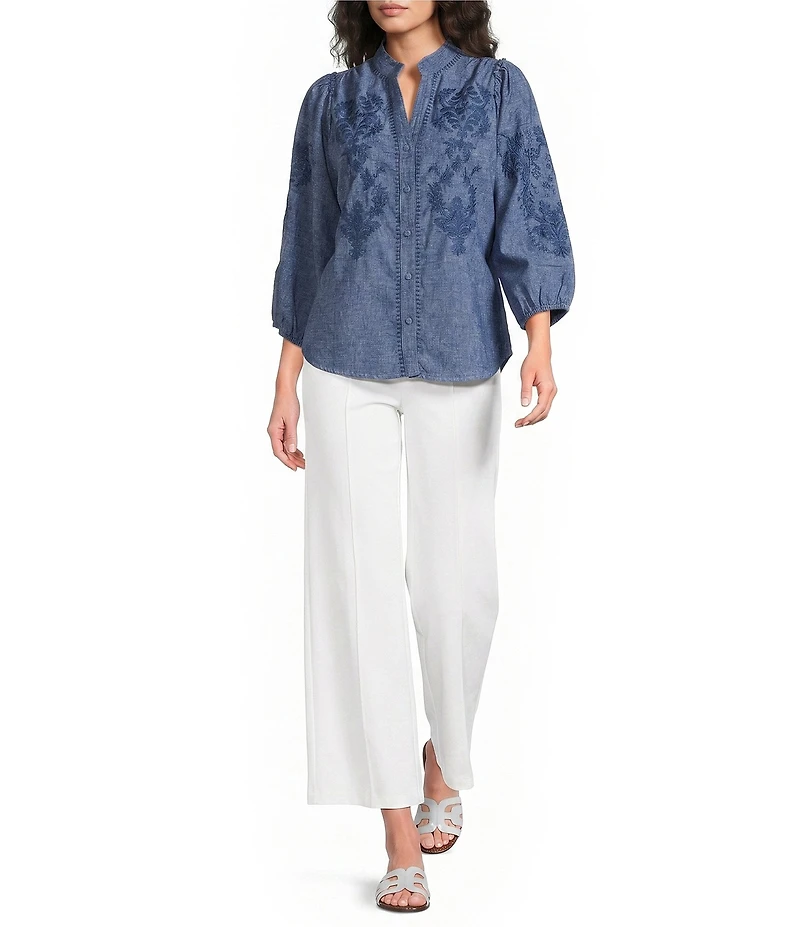 Calessa Woven Stripe Split V-Neck 3/4 Balloon Sleeve Embroidered Button Front Tunic
