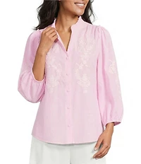 Calessa Woven Stripe Split V-Neck 3/4 Balloon Sleeve Embroidered Button Front Tunic