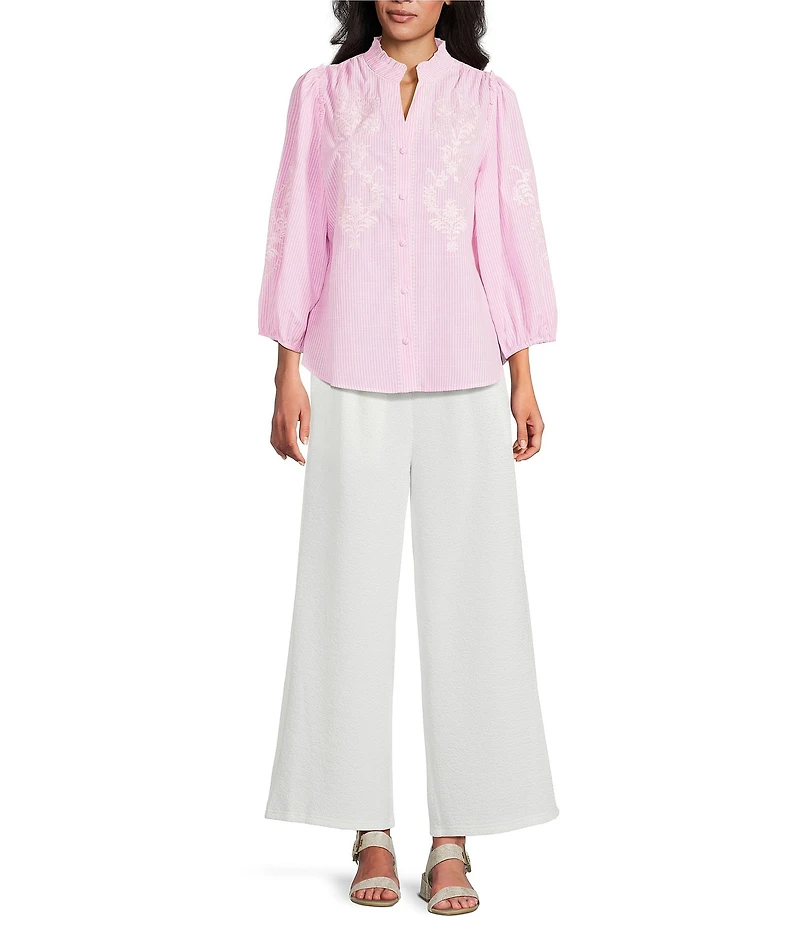 Calessa Woven Stripe Split V-Neck 3/4 Balloon Sleeve Embroidered Button Front Tunic