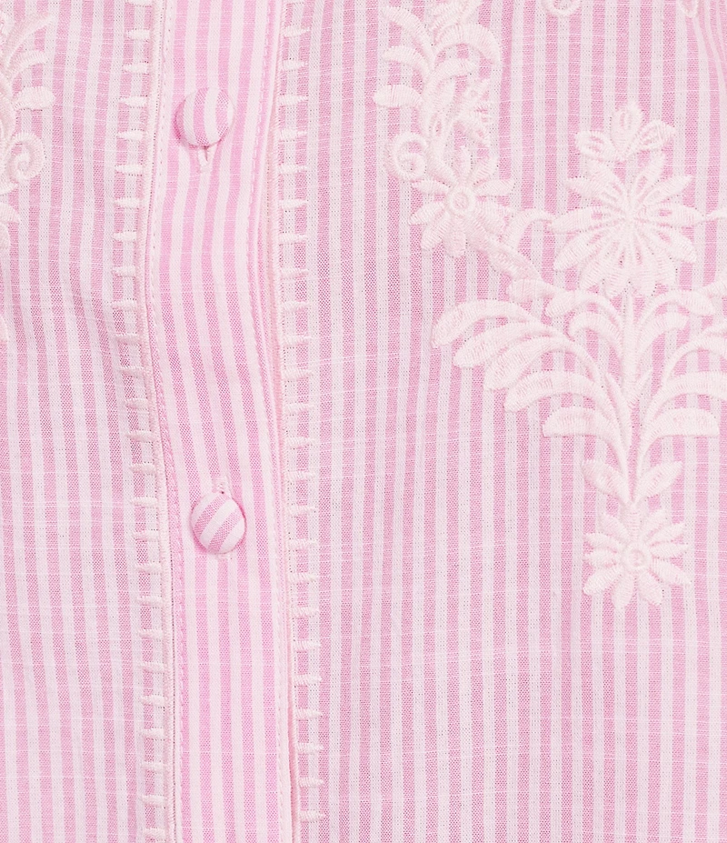 Calessa Woven Stripe Split V-Neck 3/4 Balloon Sleeve Embroidered Button Front Tunic