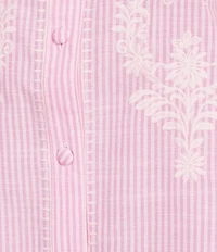 Calessa Woven Stripe Split V-Neck 3/4 Balloon Sleeve Embroidered Button Front Tunic