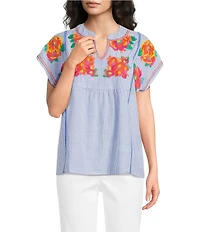 Calessa Woven Stripe Split V-Neck Cap Sleeve Embroidered Tunic
