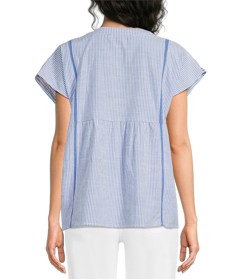 Calessa Woven Stripe Split V-Neck Cap Sleeve Embroidered Tunic