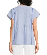 Calessa Woven Stripe Split V-Neck Cap Sleeve Embroidered Tunic