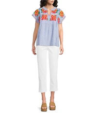 Calessa Woven Stripe Split V-Neck Cap Sleeve Embroidered Tunic