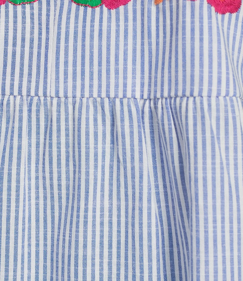 Calessa Woven Stripe Split V-Neck Cap Sleeve Embroidered Tunic