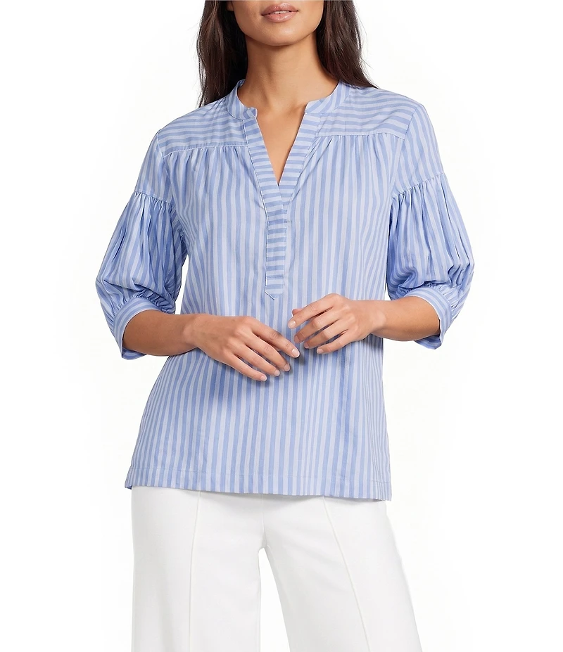 Calessa Woven Stripe Split V-Neck Elbow Length Sleeve Tunic