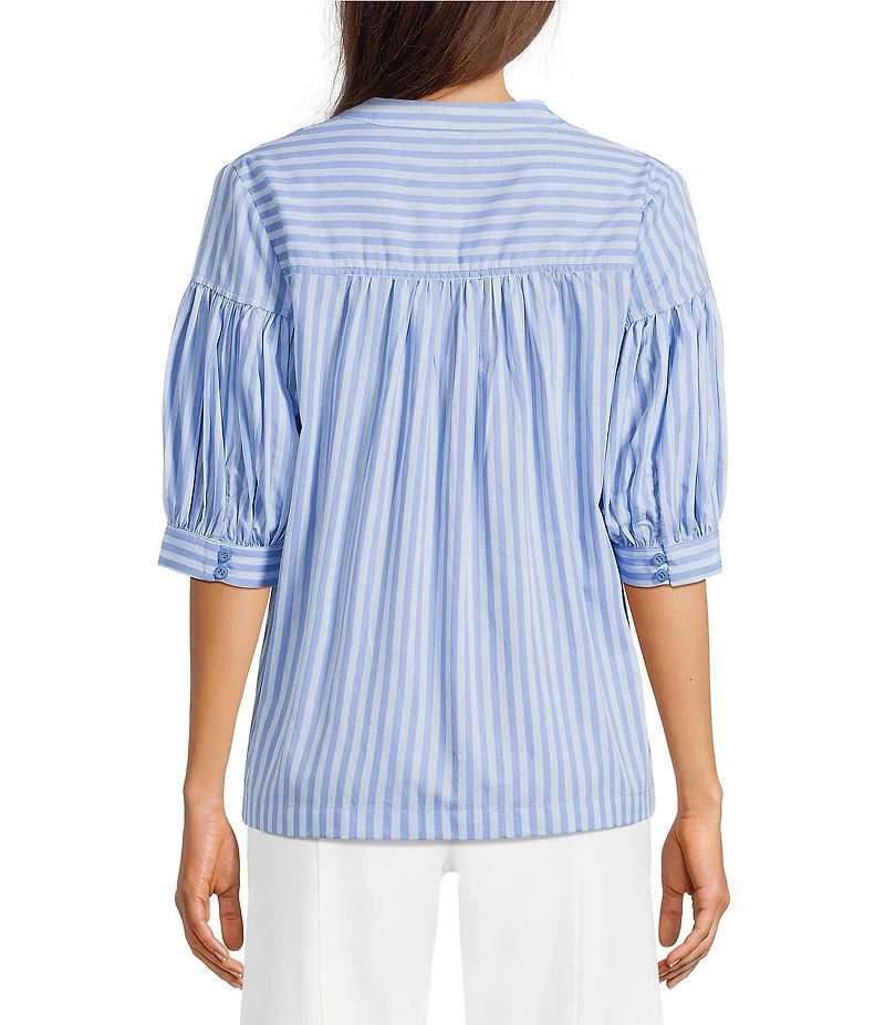 Calessa Woven Stripe Split V-Neck Elbow Length Sleeve Tunic