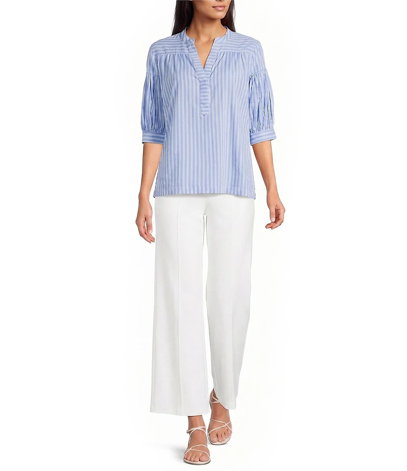 Calessa Woven Stripe Split V-Neck Elbow Length Sleeve Tunic