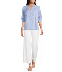 Calessa Woven Stripe Split V-Neck Elbow Length Sleeve Tunic
