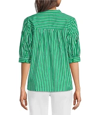 Calessa Woven Stripe Split V-Neck Elbow Length Sleeve Tunic