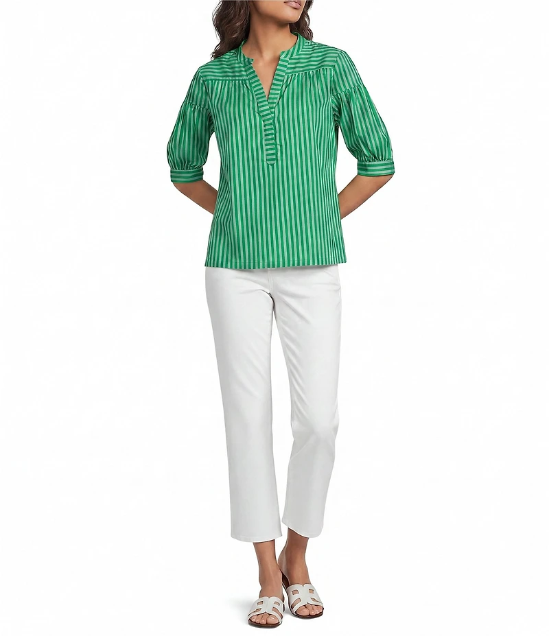 Calessa Woven Stripe Split V-Neck Elbow Length Sleeve Tunic