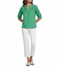 Calessa Woven Stripe Split V-Neck Elbow Length Sleeve Tunic
