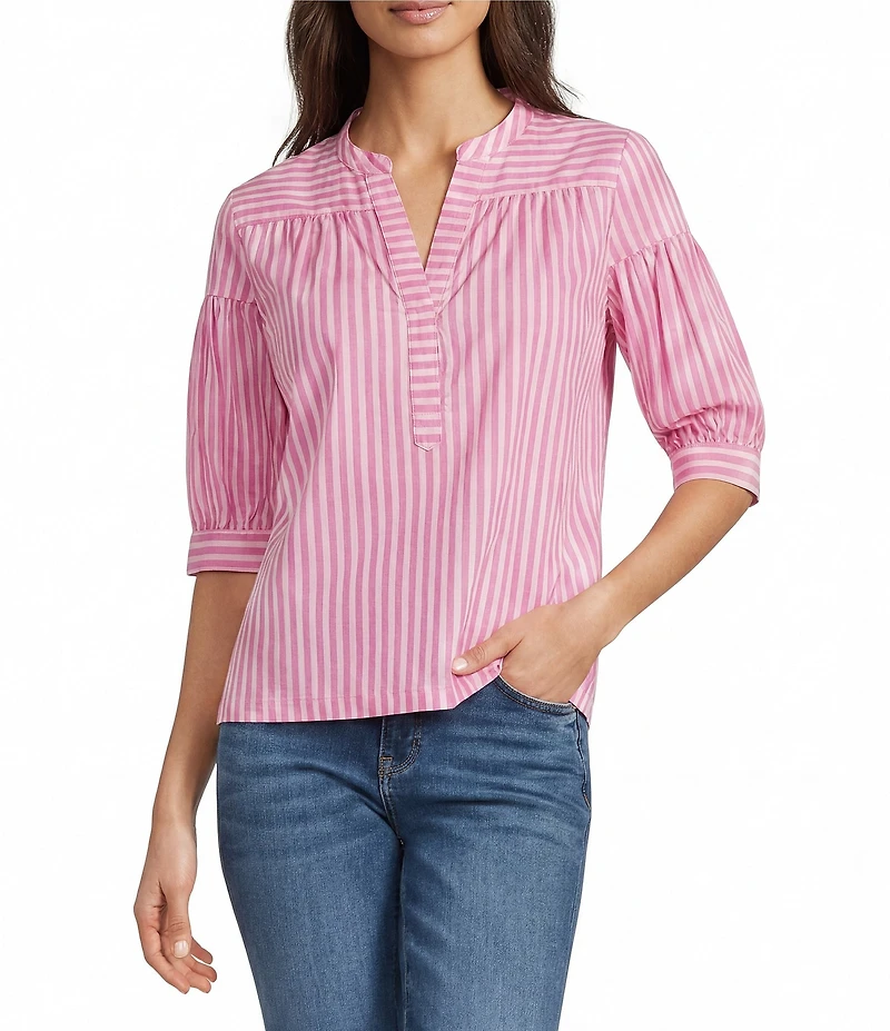 Calessa Woven Stripe Split V-Neck Elbow Length Sleeve Tunic