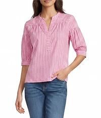 Calessa Woven Stripe Split V-Neck Elbow Length Sleeve Tunic