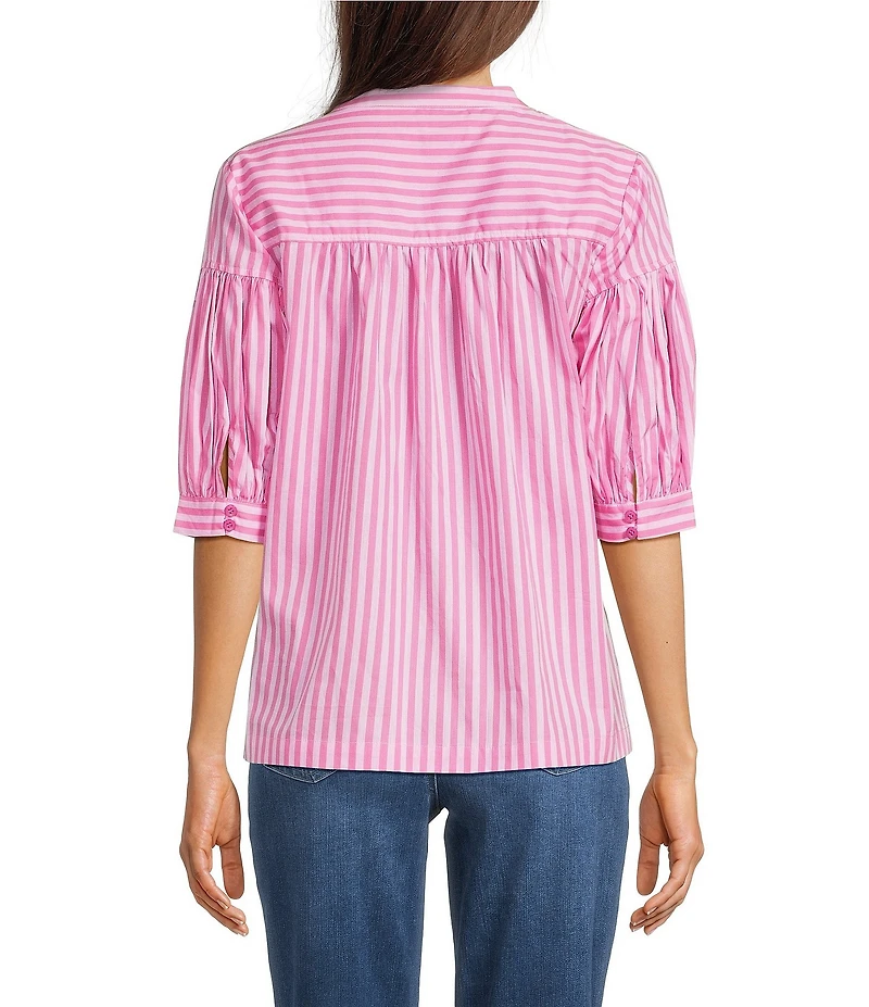 Calessa Woven Stripe Split V-Neck Elbow Length Sleeve Tunic