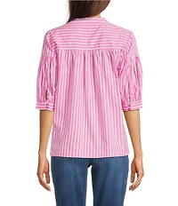 Calessa Woven Stripe Split V-Neck Elbow Length Sleeve Tunic