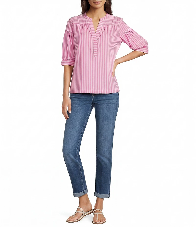 Calessa Woven Stripe Split V-Neck Elbow Length Sleeve Tunic