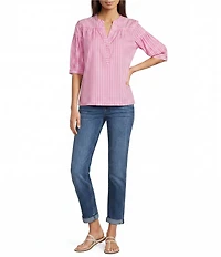 Calessa Woven Stripe Split V-Neck Elbow Length Sleeve Tunic