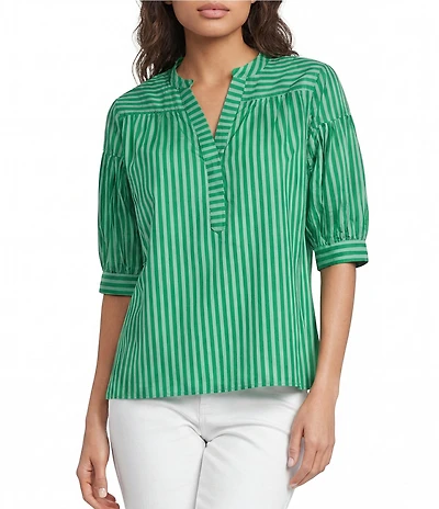 Calessa Woven Stripe Split V-Neck Elbow Length Sleeve Tunic