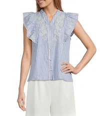 Calessa Woven Stripe Split-V-Neck Ruffle Cap Sleeve Embroidered Button-Front Tunic