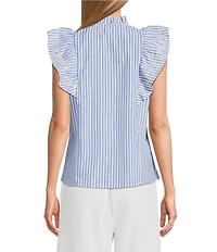Calessa Woven Stripe Split-V-Neck Ruffle Cap Sleeve Embroidered Button-Front Tunic