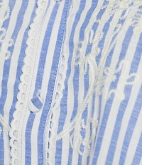 Calessa Woven Stripe Split-V-Neck Ruffle Cap Sleeve Embroidered Button-Front Tunic