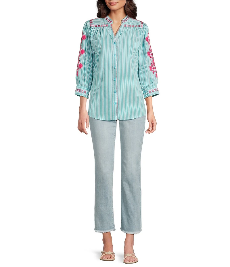 Calessa Woven Striped Embroidered Split V-Neck 3/4 Sleeve Button Front Tunic