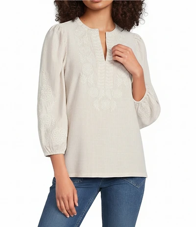 Calessa Woven Striped Embroidered Split V-Neck 3/4 Sleeve Tunic