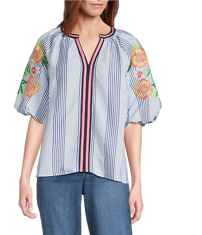 Calessa Woven Stripped Embroidered Split V-Neck Elbow Length Balloon Sleeve Tunic