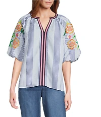 Calessa Woven Stripped Embroidered Split V-Neck Elbow Length Balloon Sleeve Tunic