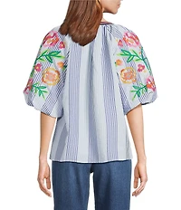 Calessa Woven Stripped Embroidered Split V-Neck Elbow Length Balloon Sleeve Tunic