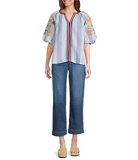Calessa Woven Stripped Embroidered Split V-Neck Elbow Length Balloon Sleeve Tunic