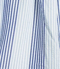 Calessa Woven Stripped Embroidered Split V-Neck Elbow Length Balloon Sleeve Tunic