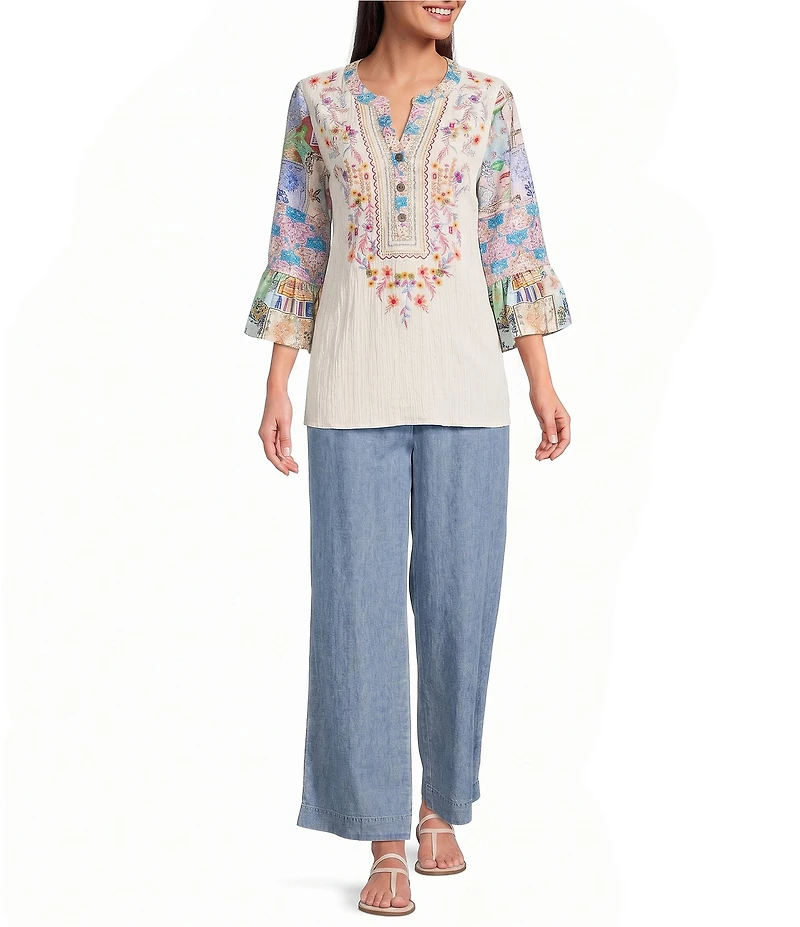 Calessa Woven Textured Embroidered Patchwork Split V-Neck 3/4 Bell Sleeve Tunic