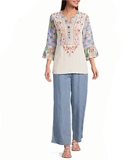 Calessa Woven Textured Embroidered Patchwork Split V-Neck 3/4 Bell Sleeve Tunic