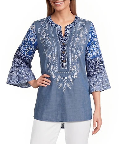 Calessa Woven Textured Embroidered Split V-Neck 3/4 Bell Sleeve Tunic