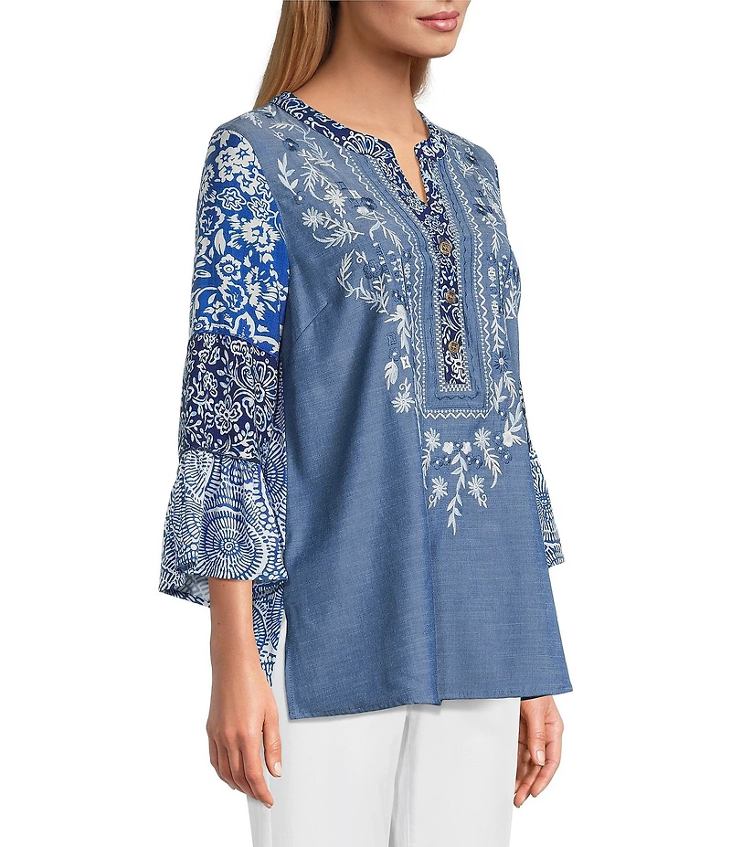 Calessa Woven Textured Embroidered Split V-Neck 3/4 Bell Sleeve Tunic