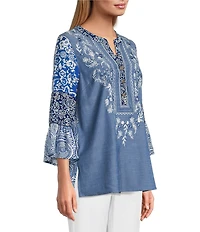 Calessa Woven Textured Embroidered Split V-Neck 3/4 Bell Sleeve Tunic