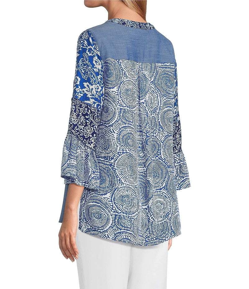 Calessa Woven Textured Embroidered Split V-Neck 3/4 Bell Sleeve Tunic