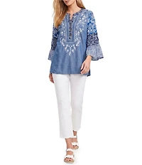 Calessa Woven Textured Embroidered Split V-Neck 3/4 Bell Sleeve Tunic
