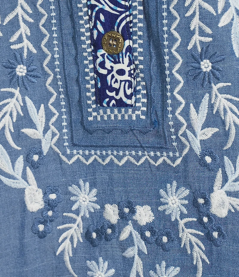 Calessa Woven Textured Embroidered Split V-Neck 3/4 Bell Sleeve Tunic