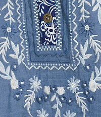 Calessa Woven Textured Embroidered Split V-Neck 3/4 Bell Sleeve Tunic