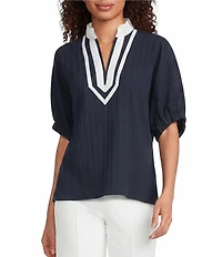 Calessa Woven Textured Stripe Band Collar Elbow Length Sleeve Tunic
