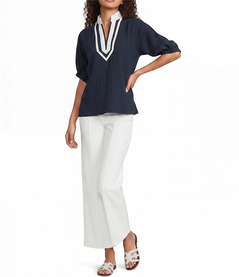 Calessa Woven Textured Stripe Band Collar Elbow Length Sleeve Tunic
