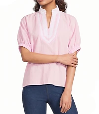 Calessa Woven Textured Stripe Band Collar Elbow Length Sleeve Tunic