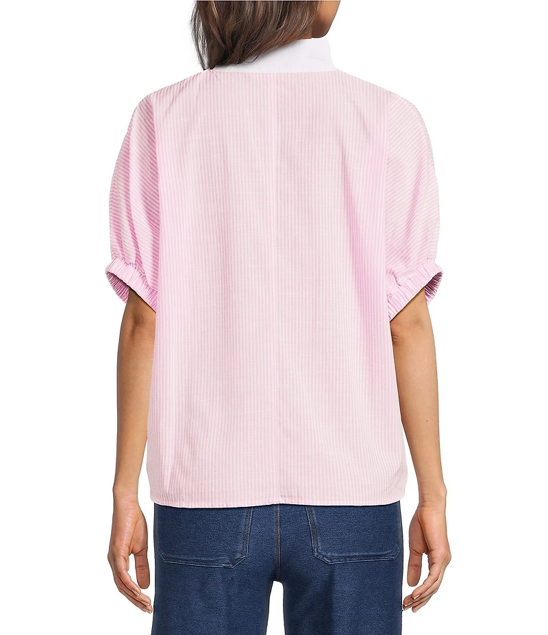 Calessa Woven Textured Stripe Band Collar Elbow Length Sleeve Tunic