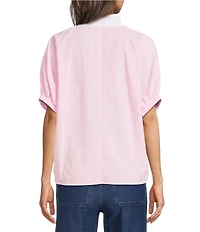 Calessa Woven Textured Stripe Band Collar Elbow Length Sleeve Tunic